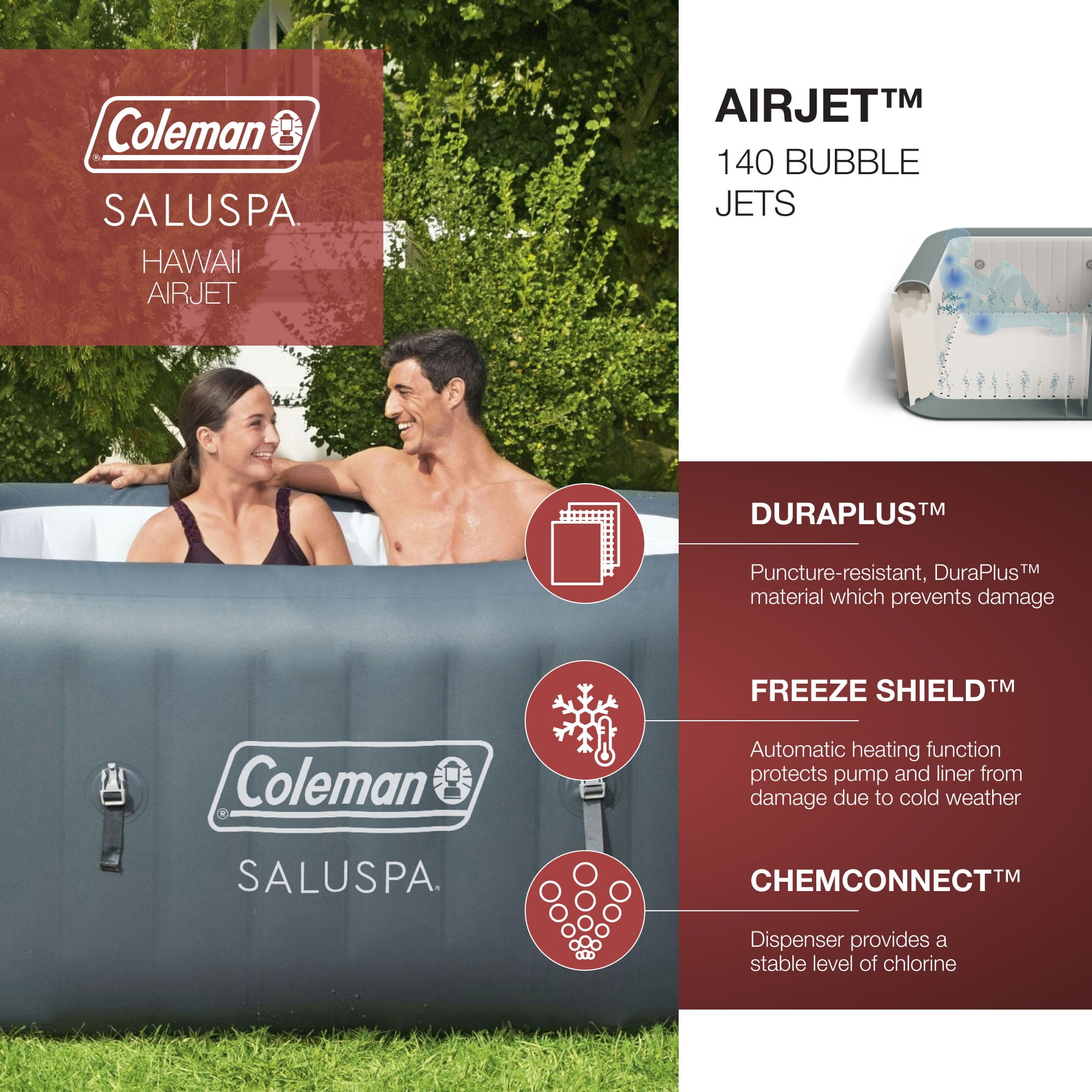 Coleman Atlantis SaluSpa 140 AirJet Square 4-6 Person Inflatable Hot Tub Spa with Cover, Blue