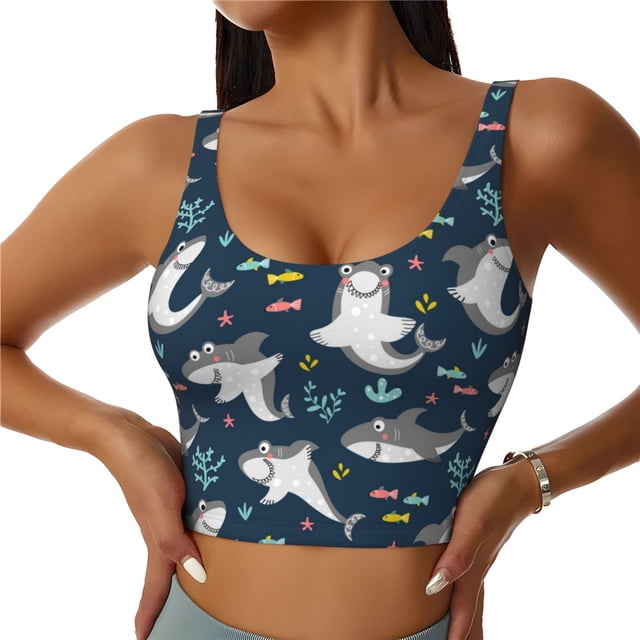 Balery Friendly Sharks Sujetadores deportivos con espalda cruzada para mujer, acolchados, sin costuras, de alto impacto, ideales para yoga, gimnasio, entrenamiento y fitness.-XX-Large