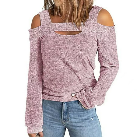 

Juebong Women s Sexy Hollowed Shoulder Blouses Shirts Comfy Round Neck Leaky Shoulder Long Sleeve Lightweight Sweatshirts Solid Color Loose Fit School Tops