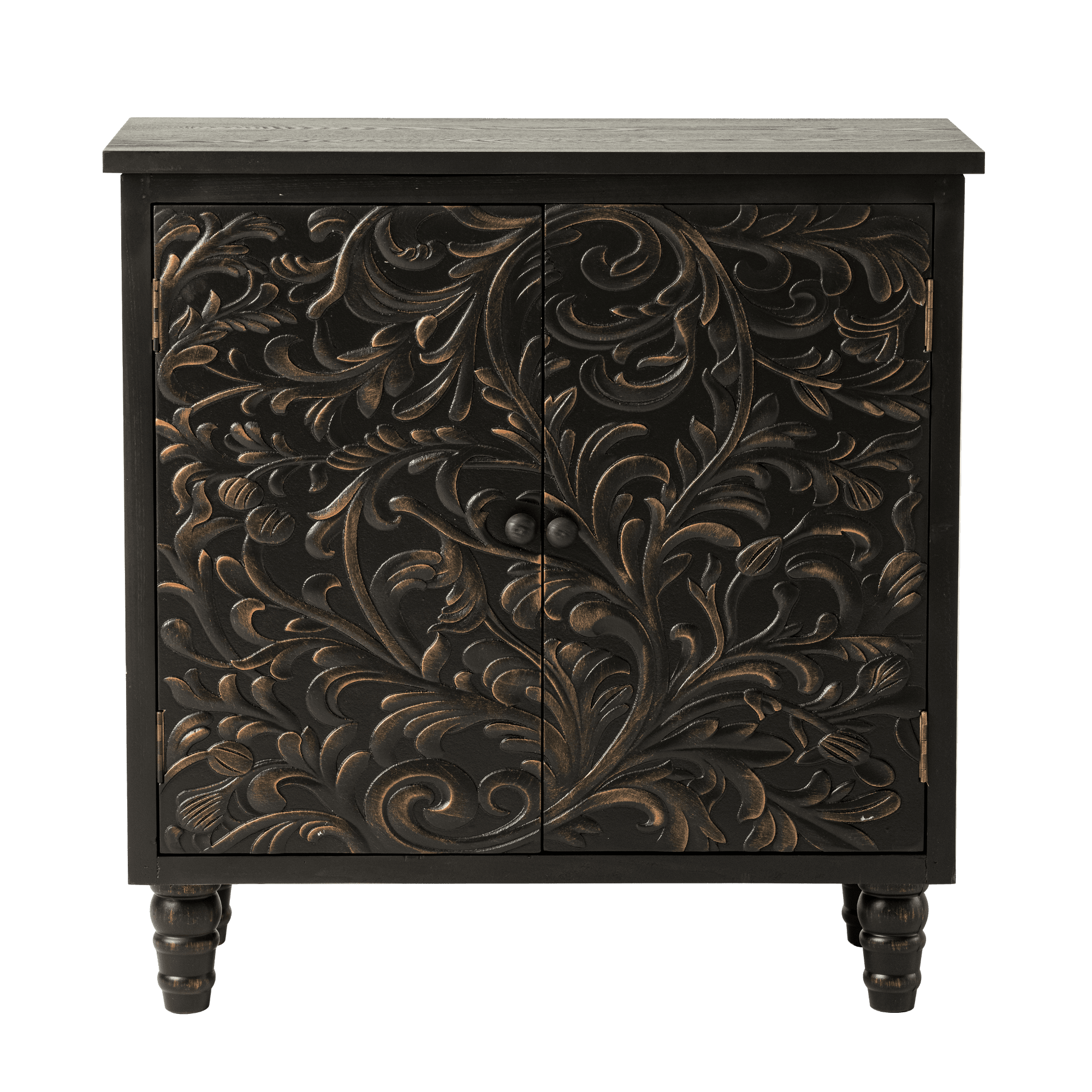 COZAYH 2 Door Farmhouse Storage Cabinet with Embossed Distressed Flower Motif, Vintage Side Table for Living Room, Bedroom, Boho, Black