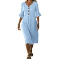 thumbnail image 4 of Smsaxvxz Women's Summer Dresses Fashion Solid Button V-neck Ruffle Short Sleeve Casual Loose Beach Vacation Midi Dress Light Blue S, 4 of 9