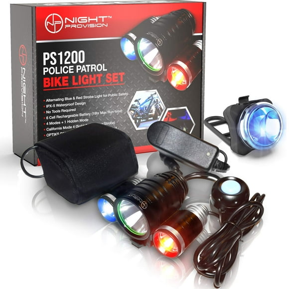 NP NIGHT PROVISION PS1200 Front & OPTIKS 210 Rear Police Patrol Bike Light - Red/Blue Strobe LED - Rechargeable - Water Proof - 5 Modes