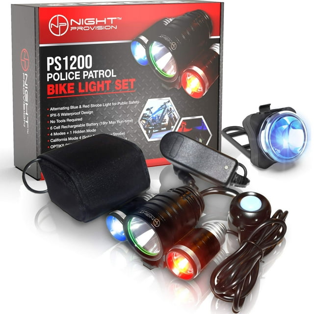 NP NIGHT PROVISION PS1200 Front & OPTIKS 210 Rear Police Patrol Bike Light - Red/Blue Strobe LED - Rechargeable - Water Proof - 5 Modes