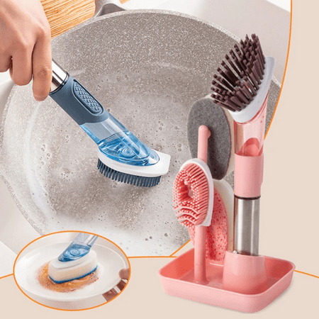 

GZHOUFDXINX Kitchen Scrub Brush Set with Soap Dispenser - Soap Dispensing Dish Brush with Base and 4 Replacement Heads for Easy Cleaning