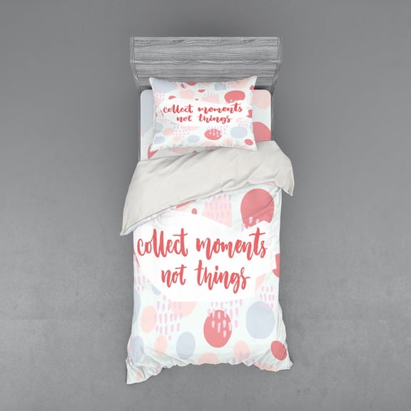 Saying Duvet Cover Set, Paintbrush Strokes and Cursive Calligraphy Pastel Blots and Dots Print, Bedding Set with Shams and Fitted Sheet, 3 Sizes, by Ambesonne