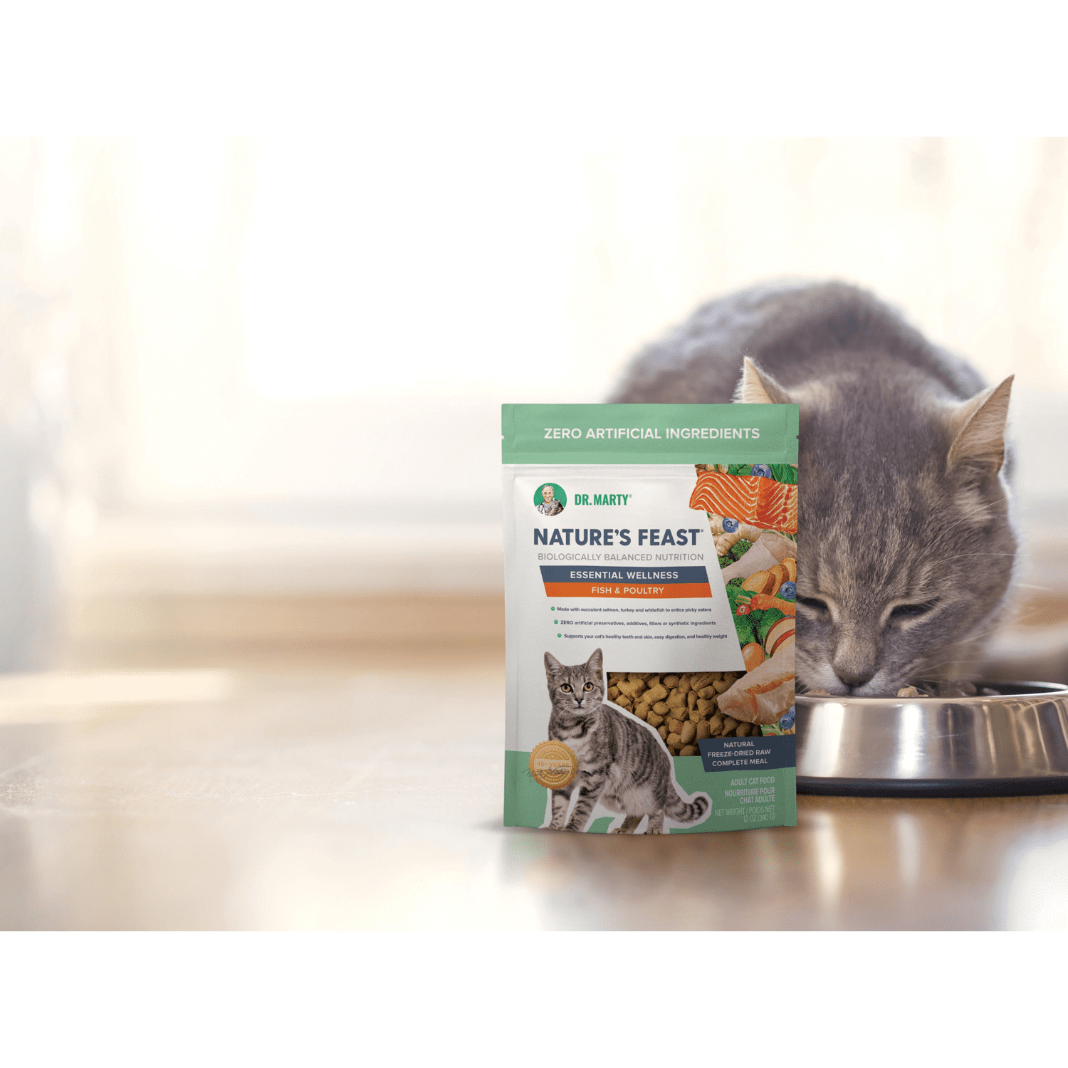 Dr. Marty Nature's Feast Natural Freeze-Dried Raw Cat Food, Essential Wellness Fish & Poultry Formula, High-Protein 87% Real Meat, Grain-Free, 12 oz