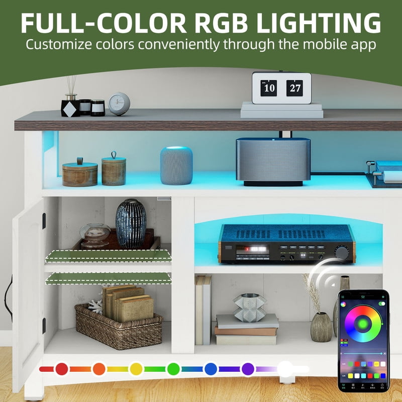 Uforic TV Stand with Mount & LED Lights, Farnhouse Entertainment Center with Power Hub for 70 Inch TV, Warm White