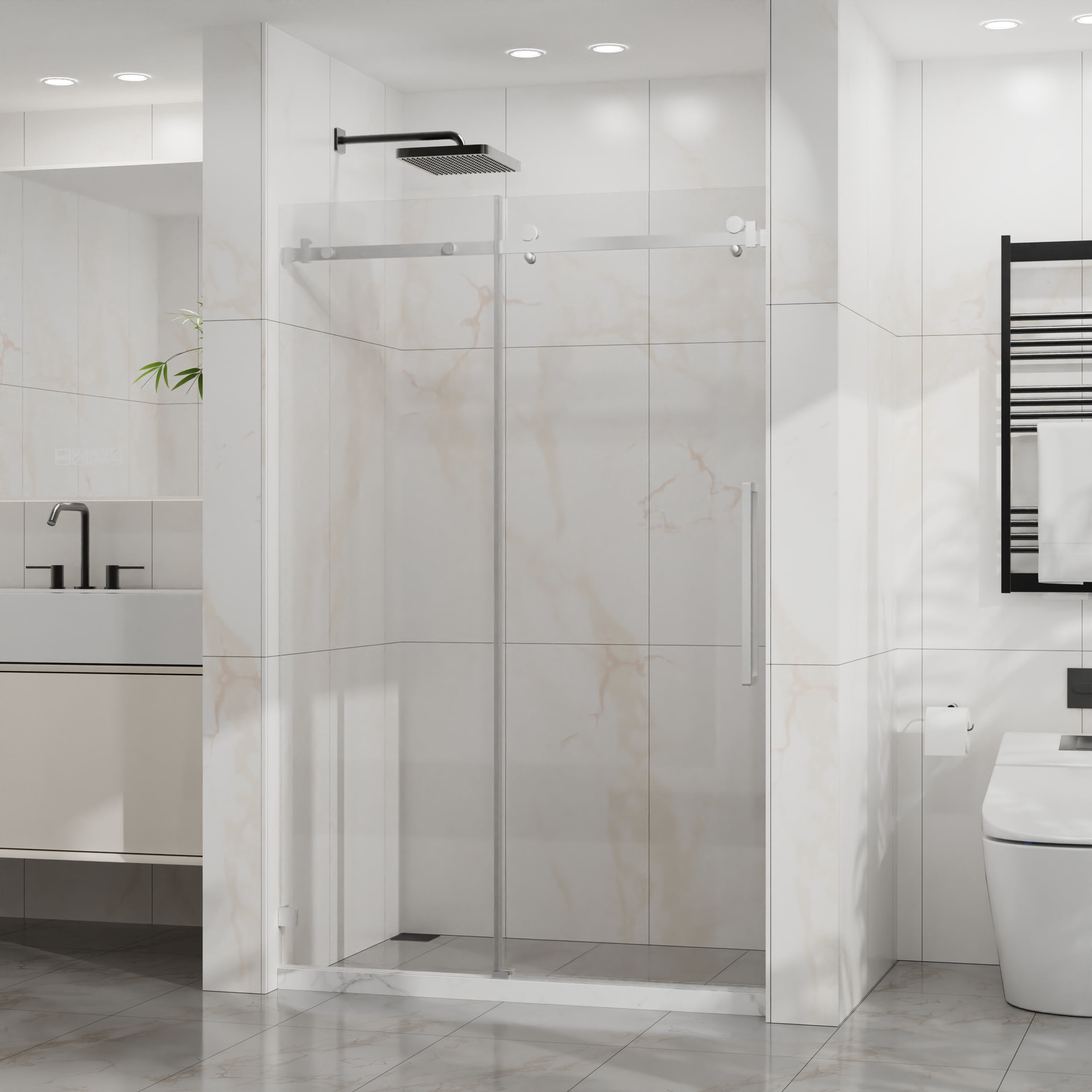 Frameless Shower Door, 48" W x 72" H Sleek Silent Sliding Glass Door, 1/4" (6mm) Thick Tempered Clear Glass with Easy-clean Coating, Heavy-Duty 304 Stainless Steel, Chrome02