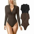 thumbnail image 2 of AEXTO Women's 2 Piece Bodysuits Sexy Ribbed Bed One Piece Zip Front Long Sleeve Tops Bodysuits Knit Soft Korean Minimalist All Seasons Plain Pattern, 2 of 7