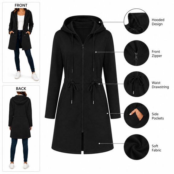 Long Hoodie Women Drawstring Zip-up Fleece Hooded Jackets Tie Waist Loose Casual Fashion Sweatshirts with Pockets Black XXL