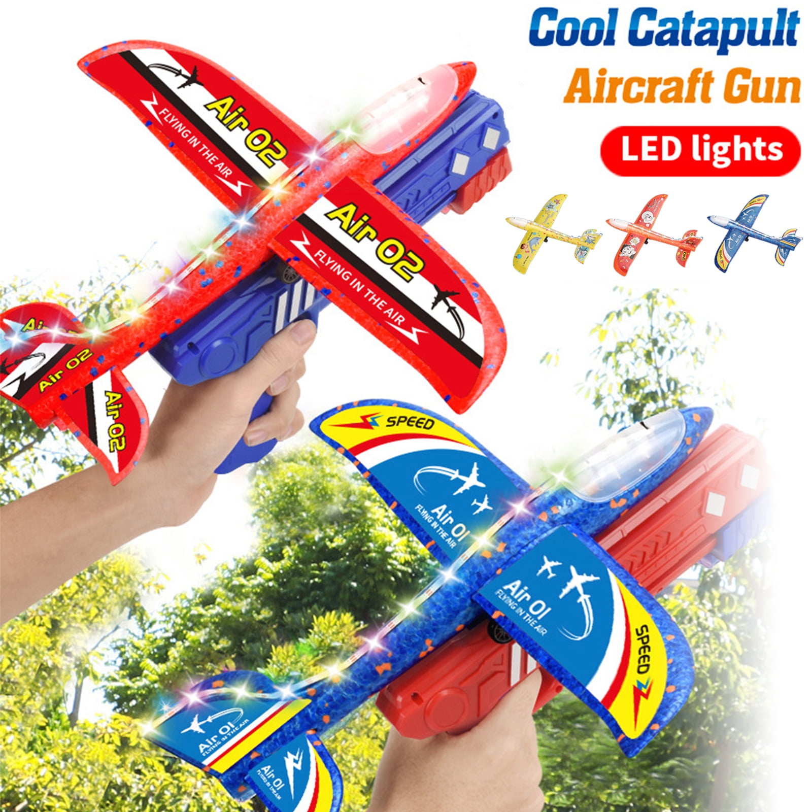 3 Pack Airplane Launcher Toys, 2 Flight Modes LED Light Foam Glider Catapult Plane Toy,Outdoor Flying Toys Birthday Gifts for Kids Boys Girls 3 4 5 6 7 8 9 10 Year Old