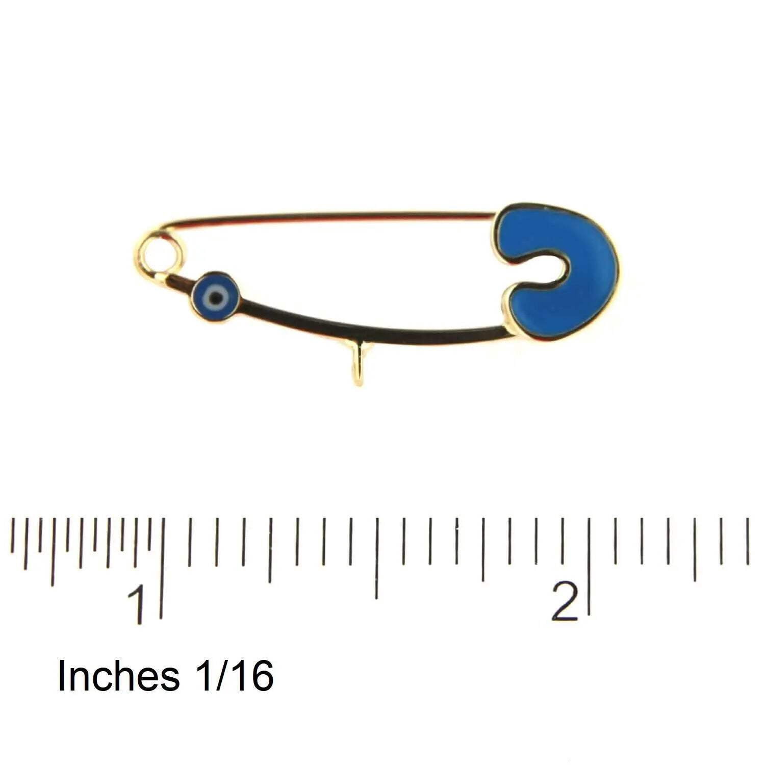 18k Solid Yellow Gold Blue Enamel Mini  Eye Safety Pin with Center Ring 1.14 inch
