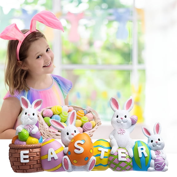 LAMIRO Easter Figurine Decoration Easter Bunny Tabletopper Happy Easter Rabbit with Egg Centerpiece Spring Farmhouse Tabletop for Easter Home Office House Party Decoration Accessories