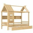 thumbnail image 3 of HICOMILA Twin House Bed with Storage Drawers and Shelves, Solid Wood House Platform Bed Frame with Roof Design for Boys Girls, Wooden Twin Bed with Built-in Storage, Childlike Design, Natural, 3 of 12
