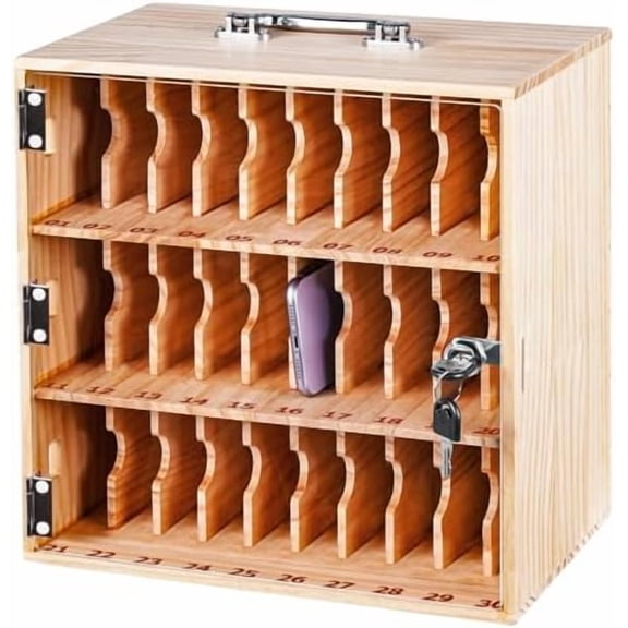 Wood Cell Phone Locker Box Cell Phone Storage Cabinet 30 Slots Cell Phone Lock Box for Office Classroom with Handle$$Furniture