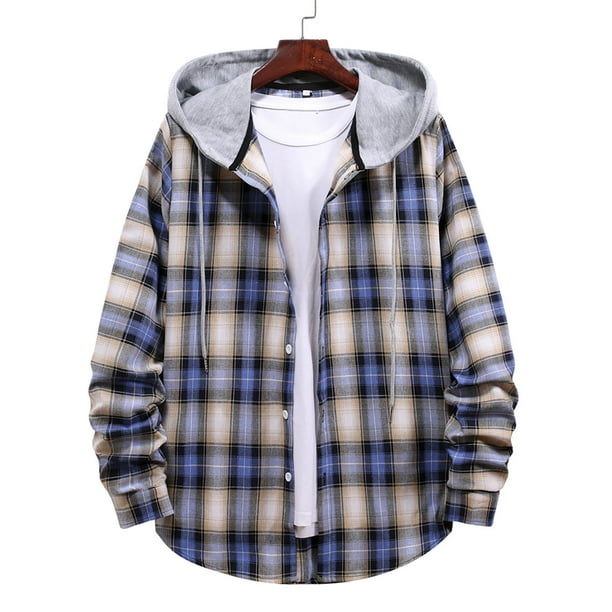 Men's Plaid Fleece Lined Hooded Jacket Button Up Oversized Fuzzy Coat