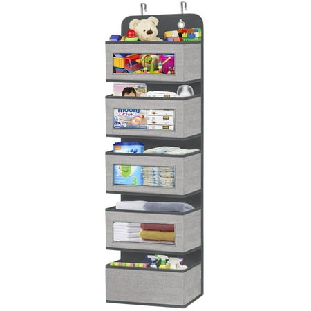 homyfort Over The Door Hanging Organizer Storage with 5 Large Pockets,Wall Mount Clear Windows and 2 Widened Metal Hooks for Pantry,Nursery,Diapers,Bathroom,Kitchen,Closet,Dorm(Grey) C33