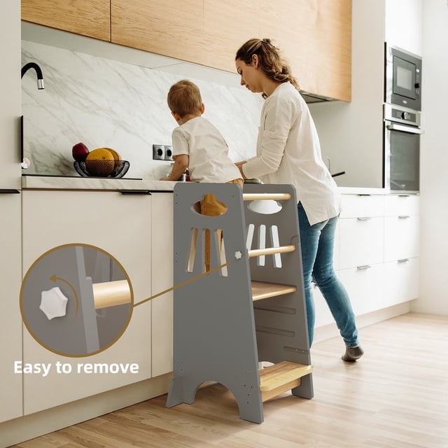 KORIMEFA Toddler Standing Tower - Adjustable Height Toddler Kitchen Stool Helper - Ideal Kids Kitchen Step Stool for Learning New Skills - Grey