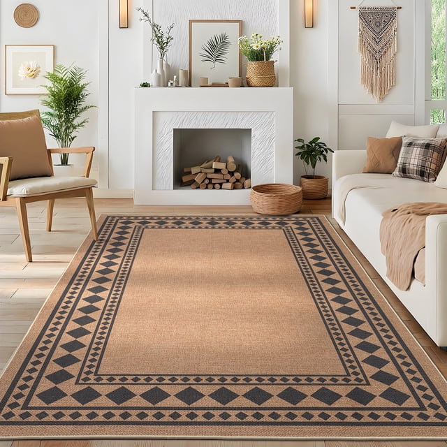 Garvee 9'x12' Modern Bordered Rug Solid Area Rug, Geometric Washable Rugs Stain Resistant Low Pile Rug Non Slip Indoor Outdoor Carpet for Living Room Bedroom Home Office, Coffee