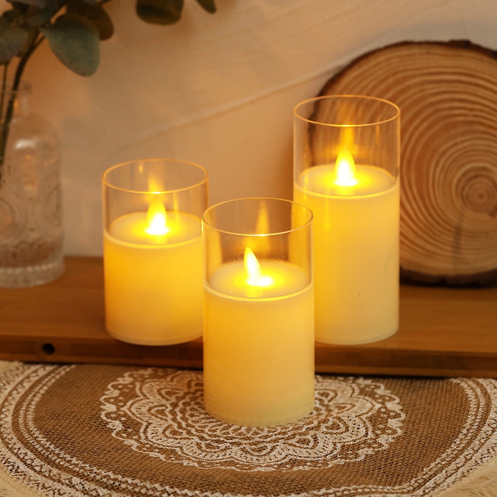 DONGPAI Glass Flameless Candles Battery Operated, LED FLameless Flickering 3D Wick Pillar Candles for Festival Wedding Christmas Home Party Decor, 3 Pack