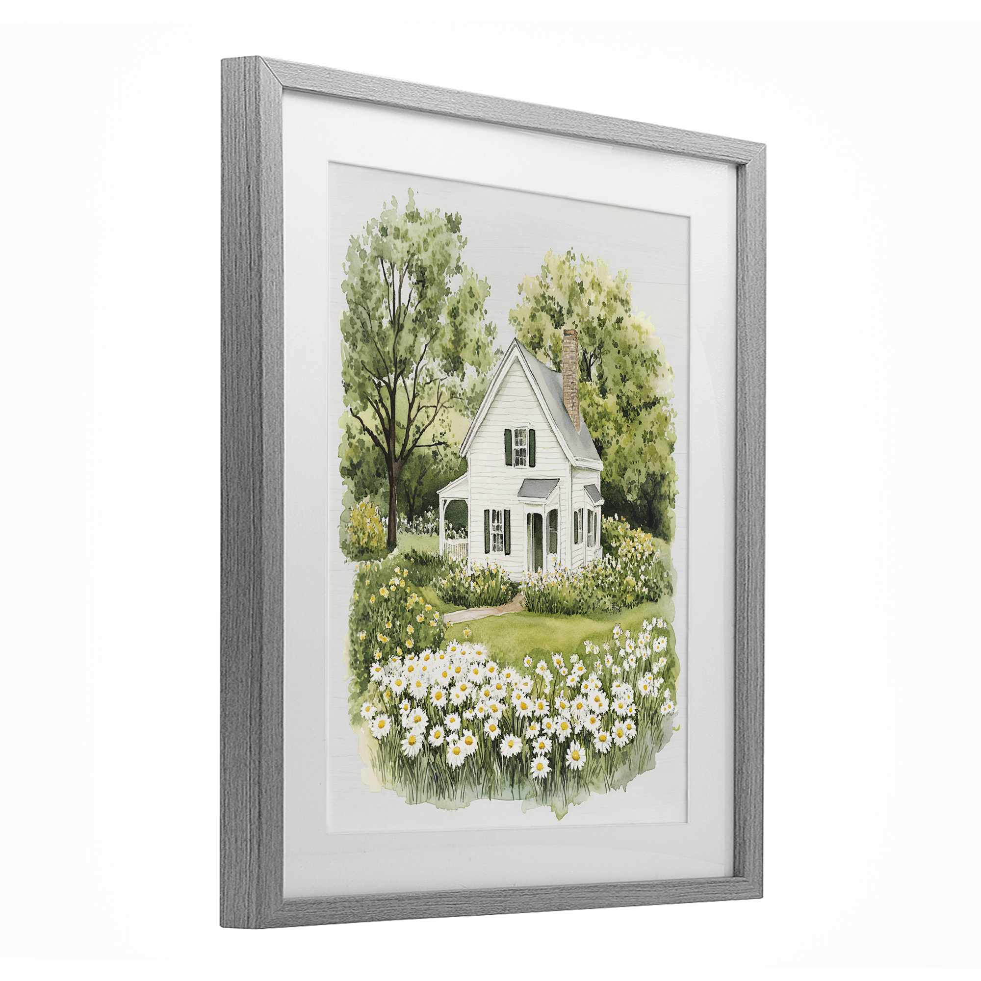 Quaint Countryside Cottage Garden Gray Framed Print Under Glass, design by Lettered and Lined
