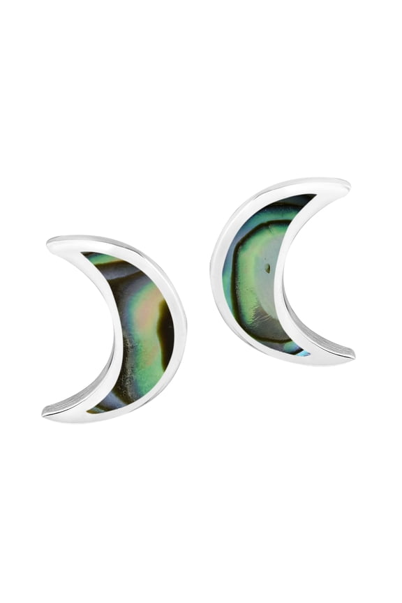 Adorable Abalone Shell Inlay Crescent Moon Shaped .925 Sterling Silver Stud Earrings