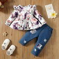 thumbnail image 3 of Kucnuzki 6 Months Baby Girl Winter Outfits Pants Sets 9 Months Long Sleeve Floral Peplum Top Elastic Floral Panel Denim Pants 2PCS Set White, 3 of 9