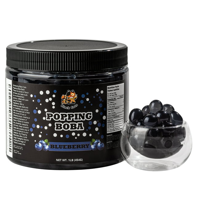 Black Cats Popping Boba Pearls | Blueberry Flavor | 1LB (454g) | Bursting Tea Balls for Drinks, Desserts, Smoothies, and Snack Toppings | Bubble Tea Tapioca Pearl Mix