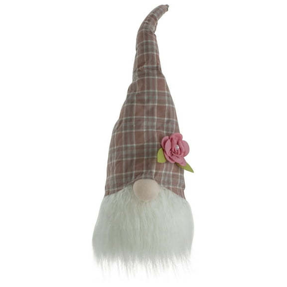 Northlight Plaid Floral Spring Gnome Head Decoration - 20" - Pink and White