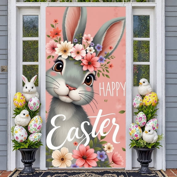 Cute Easter Bunny Banner Floral Rabbit Backdrop Pastel Pink Colorful Flowers Spring Easter Background for Easter Party Kids Party Indoor Decoration