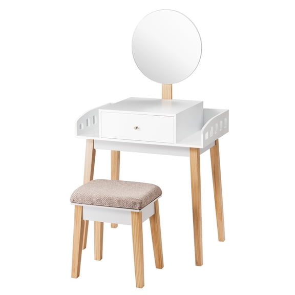Furnibear Wooden Makeup Dressing Table Set with Round Mirror Drawer and Cushioned Stool for Bedroom, White and Natural