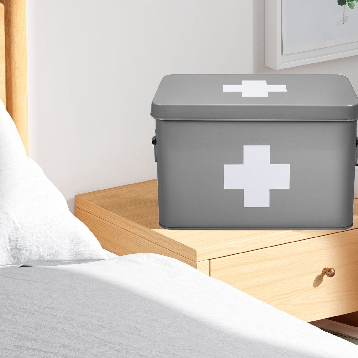 First Aid Medicine Box Supplies Kit Organizer - 12.5" Gray Metal Tin Medic Bin Hard Case with Removable Tray Handle Storage Compartment, Vintage Antique Empty Boxes for Home Family Emergency Tool Set