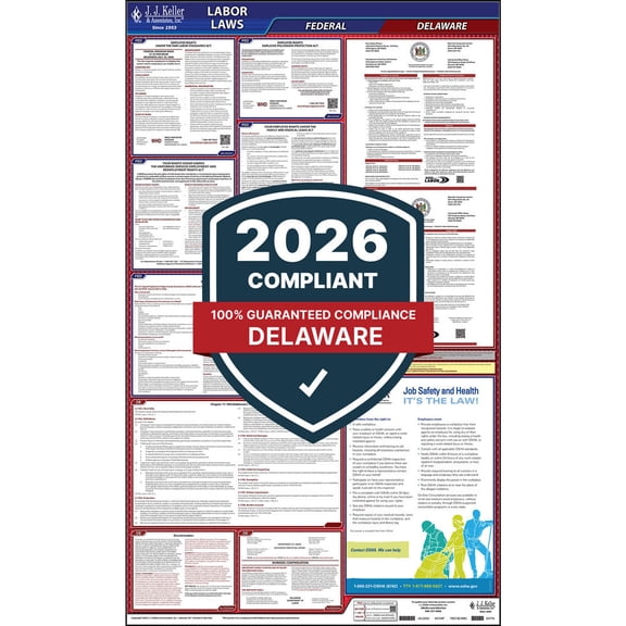 2025 Delaware Labor Law Poster, All-in-One OSHA Compliant DE State & Federal Laminated Poster (24" x 40" English)