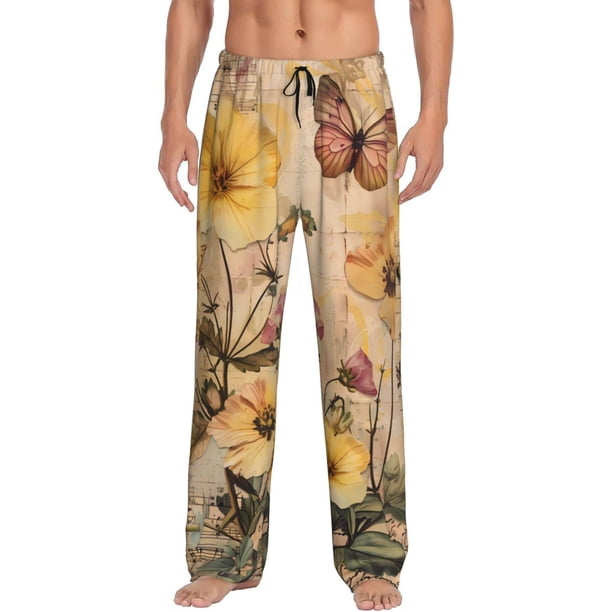 Fotbe Vintage Floral Butterfly Collage Pantalones de Pijama para Hombre, Pantalones de Dormir, Pantalones de Casa con Cintura Ajustable y Bolsillos-Medium