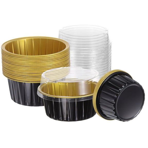 Uxcell 25Pcs Baking Cups with Lids 5oz Aluminum Foil Liners Mini Disposable Containers Cups Black/Gold Tone