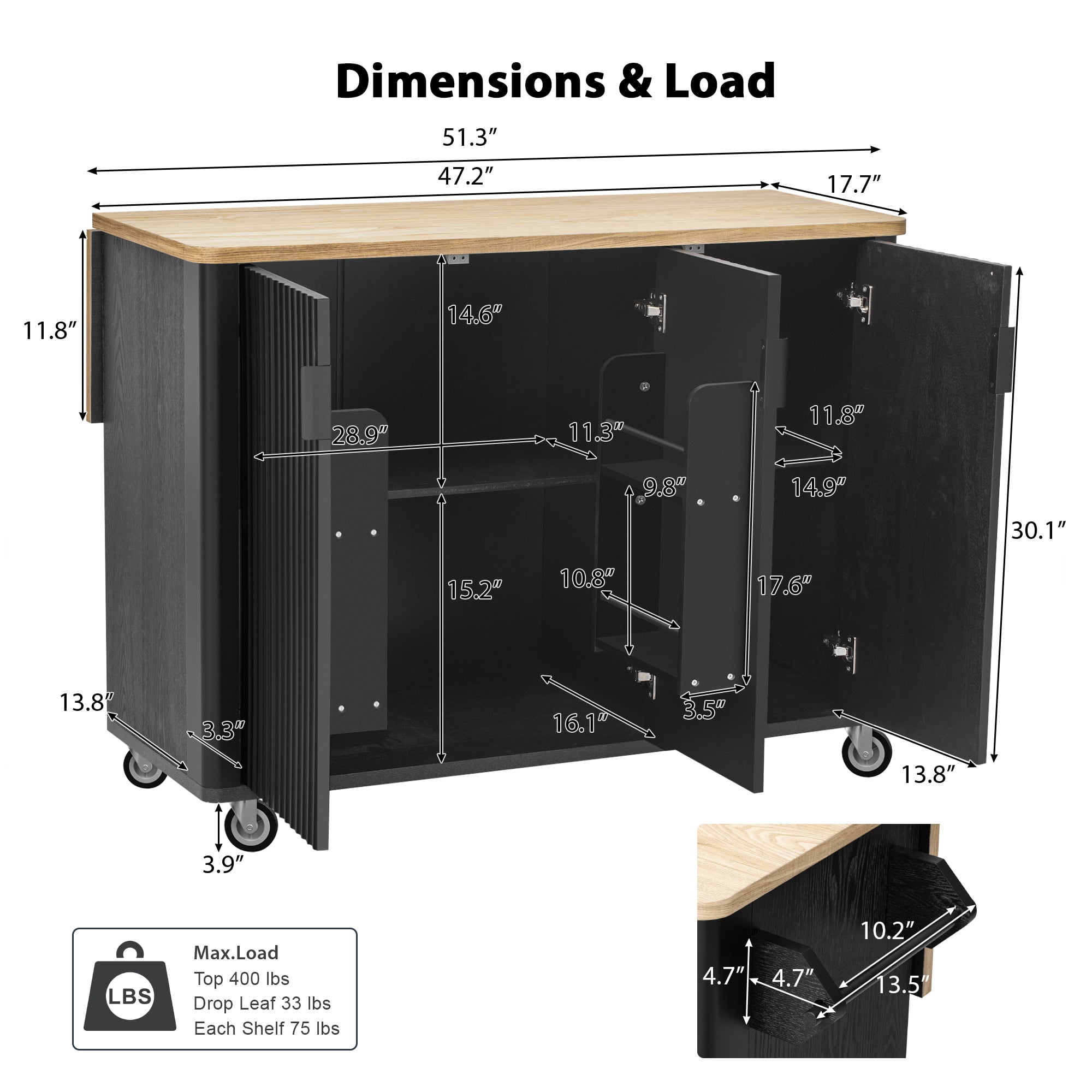 Alvantor 51" Fluted Kitchen Island with Storage, Drop Leaf Cart, Towel Rack, Black Ash