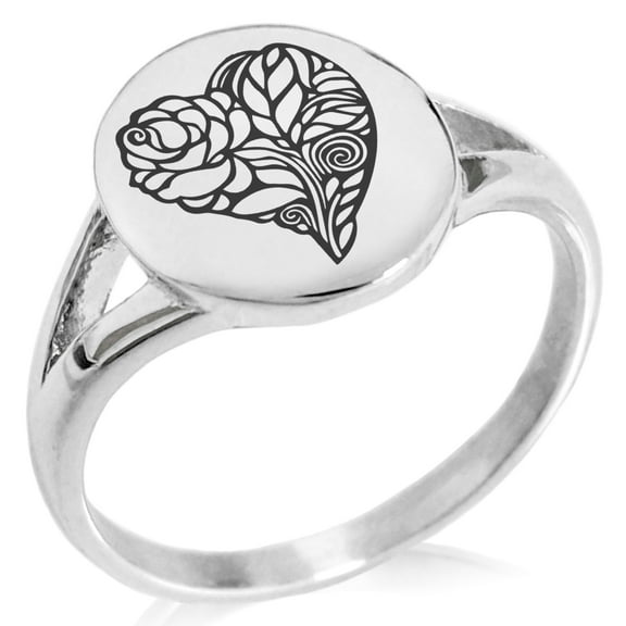 Stainless Steel Love Heart Floral Rose Minimalist Oval Top Polished Statement Ring