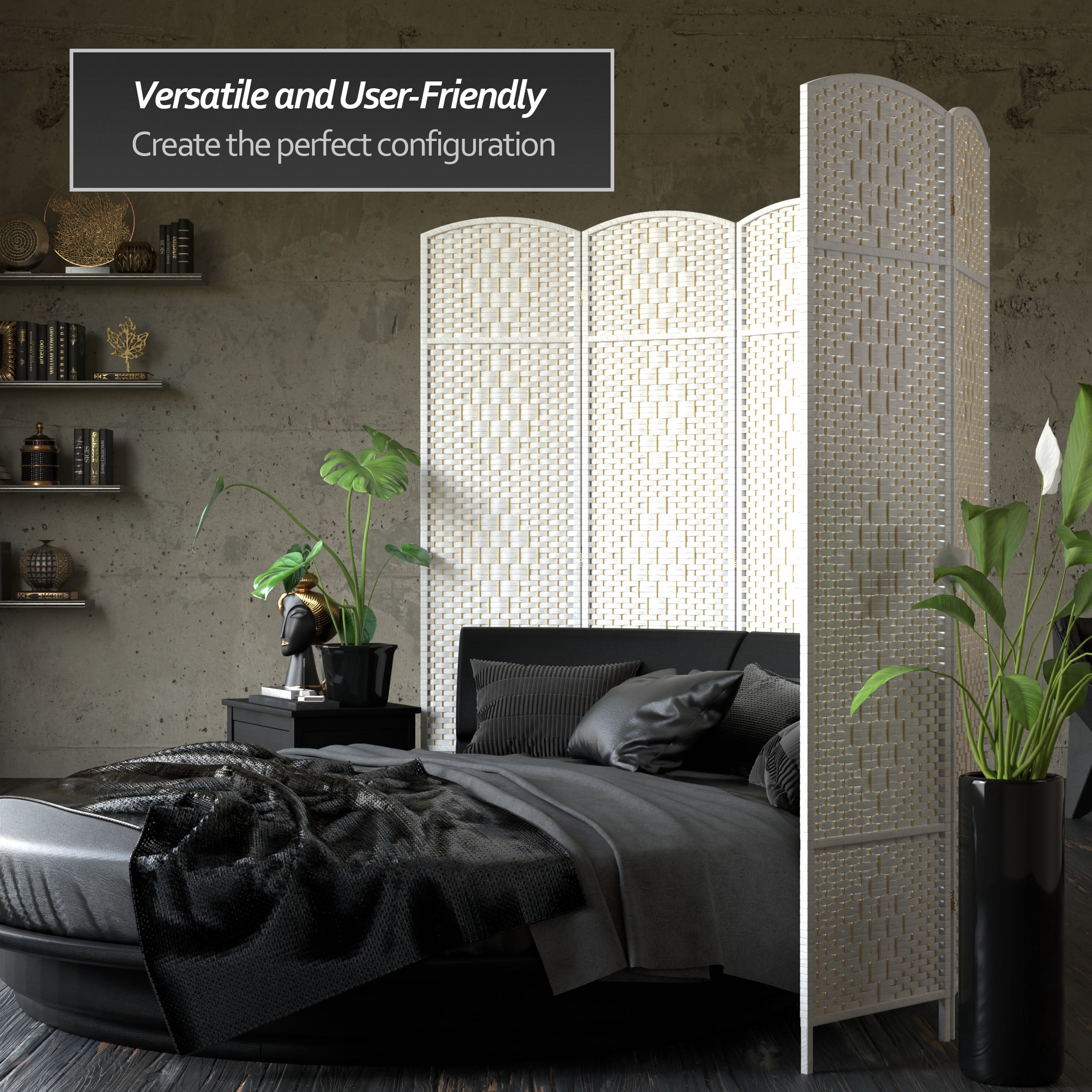 7 ft. Tall Rattan Fiber Diamond Weave Privacy Screen Room Divider - White - 4 Panels
