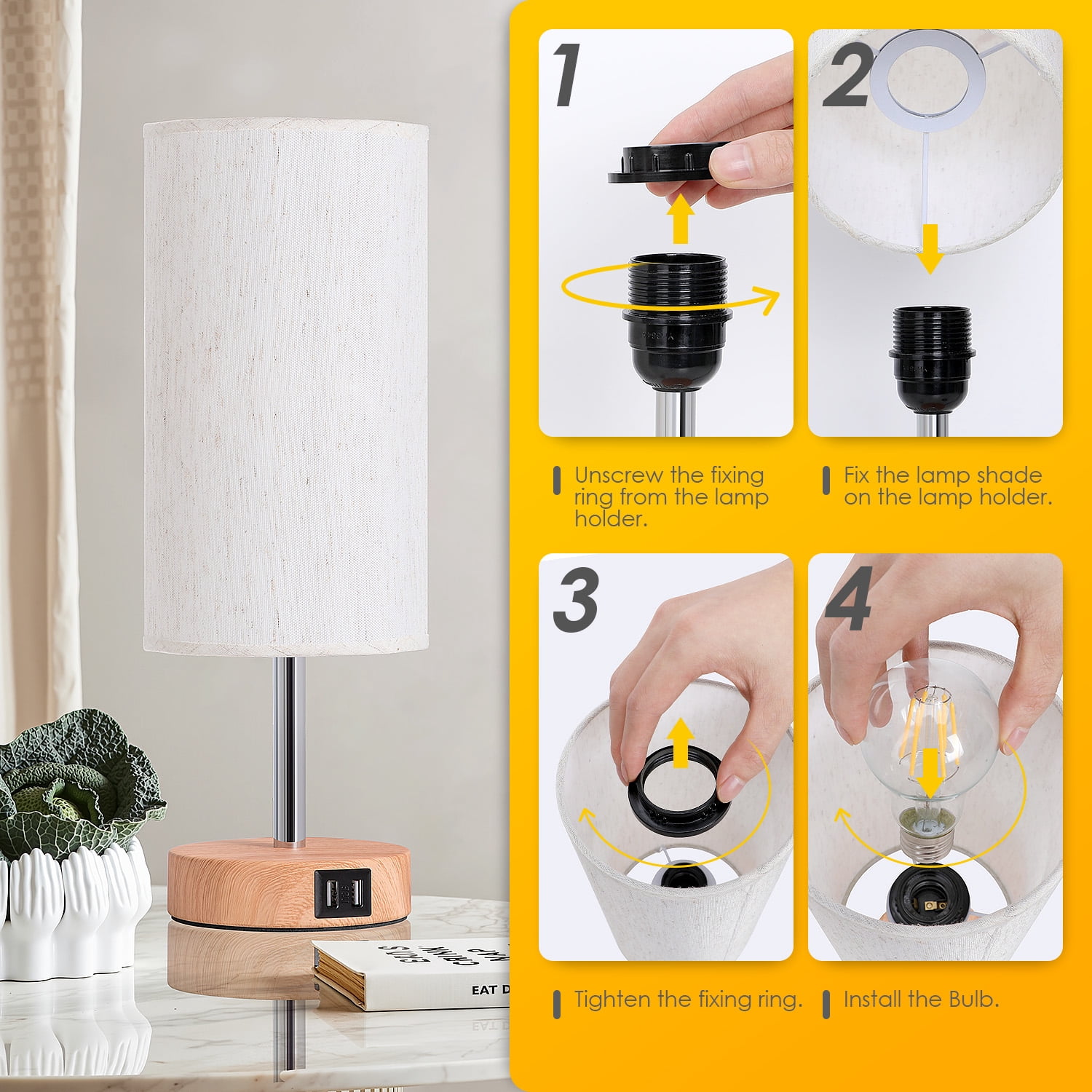 Bedside Lamps Set of 2 with USB Charging Ports - Touch Control Table Lamp for Bedroom Wood 3 Way Dimmable Nightstand Lamp with Round Flaxen Fabric Shade for Living Room,Dorm,Office