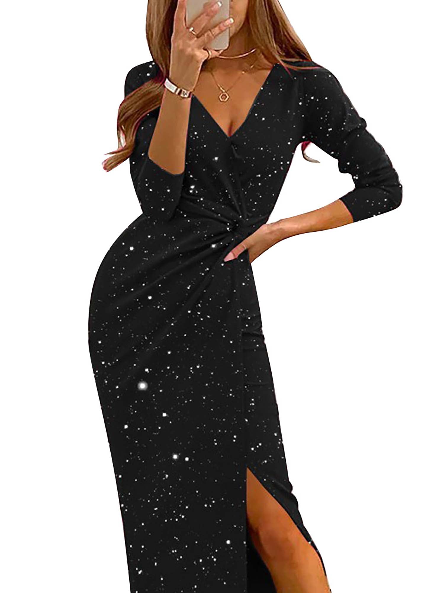 LAPA Women Shinny Sequin Glitzy Slim Split Evening Dress 3/4 Sleeve ...