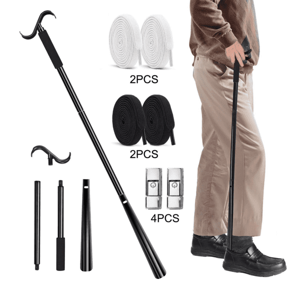 START MAKERS 35" Detachable shoe horn long handle, long shoe horn for seniors, No-Tie Shoelaces Set (Black and White)