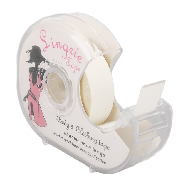 Women Double Sided Tape, Clothes Tape Skin Safe Self Adhesive Clear Matte for Dresses and Body. Includes a transparent dispenser and two rolls of double-sided tape, each 5 meters (16.4 feet) long. Designed for skin-safe use with a micro-porous structure for breathability, suitable for attaching fabric to skin securely. Often used as hem tape for sewing and crafting projects.