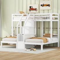 Twin over Twin & Twin Metal Triple Bunk Bed with Built-in Staircase and Storage Drawer, White