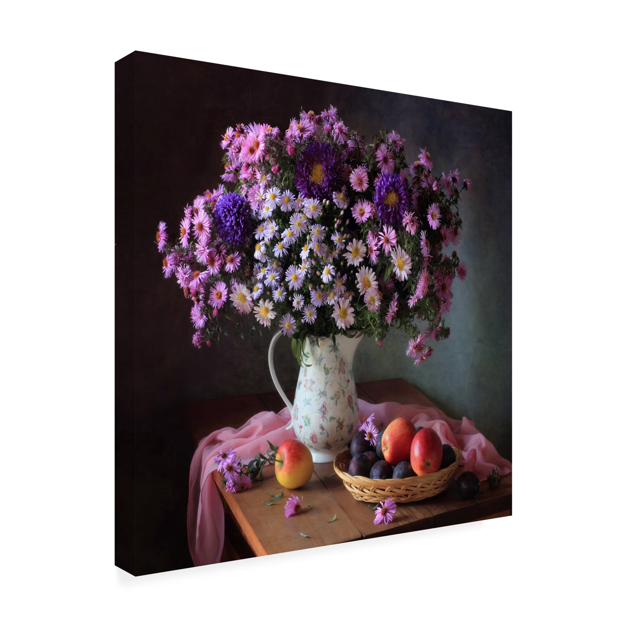 Canvas Wall Art - Tatyana Skorokhod 'Still Life With A Bouquet Of Chrysanthemums And Fruits' Wall Art for Living Room, Bedroom, or Office D?cor by Trademark Fine Art - 14 x 14 Inches