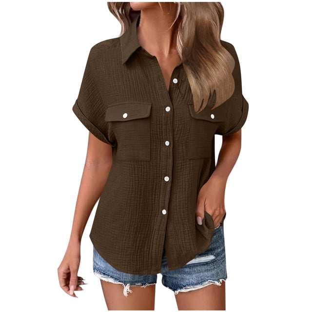 Craaazy Ladies Oversized Short Sleeve Tunic Tops, Lightweight Cotton Shirt, Turndown Collar Button Up Blouse with Chest Pockets for Everyday Outfits Gifts