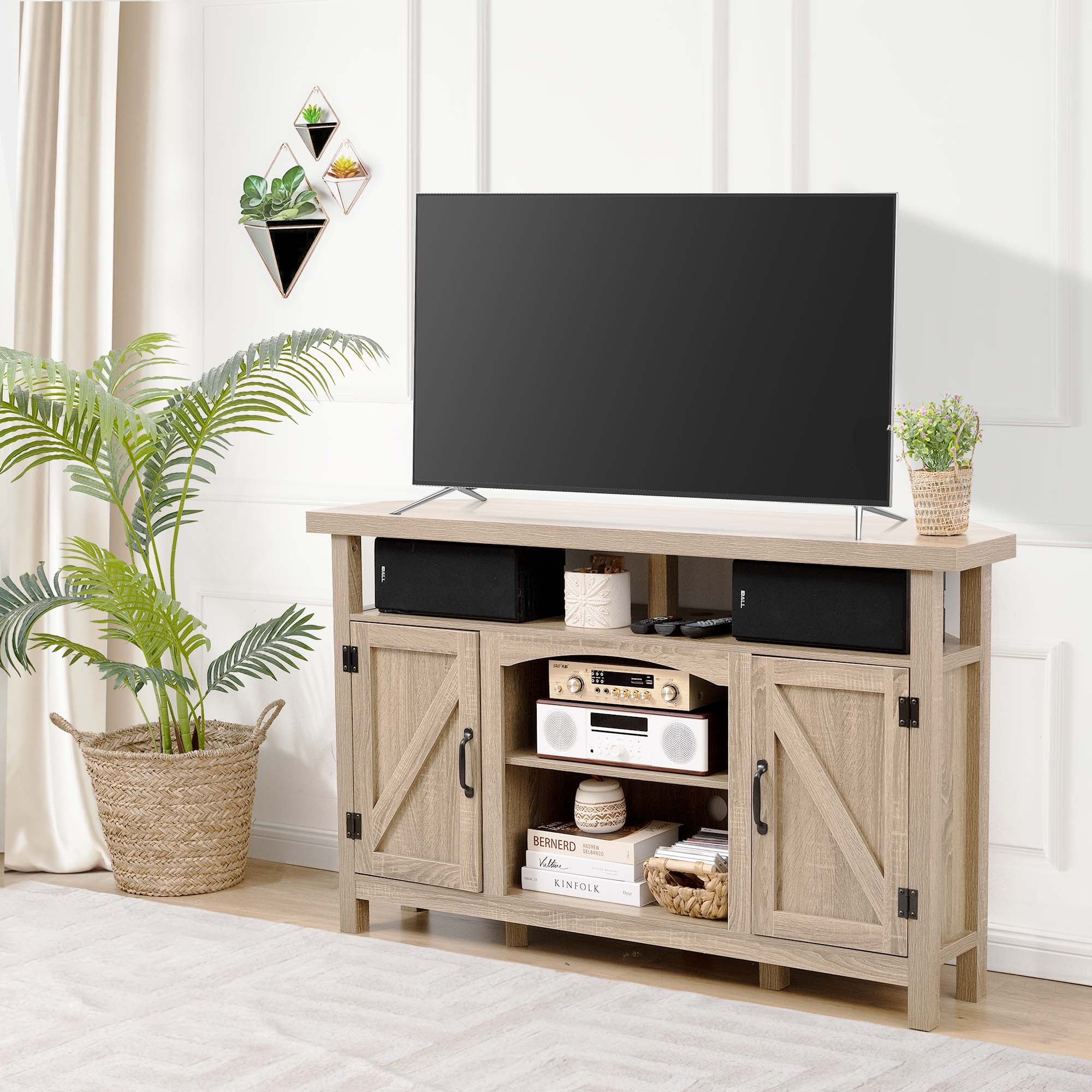 StorageWorks Farmhouse Corner TV Stand for TVs up to 60", Entertainment Center with Sliding Barn Doors and Storage Cabinets, Rustic Brown