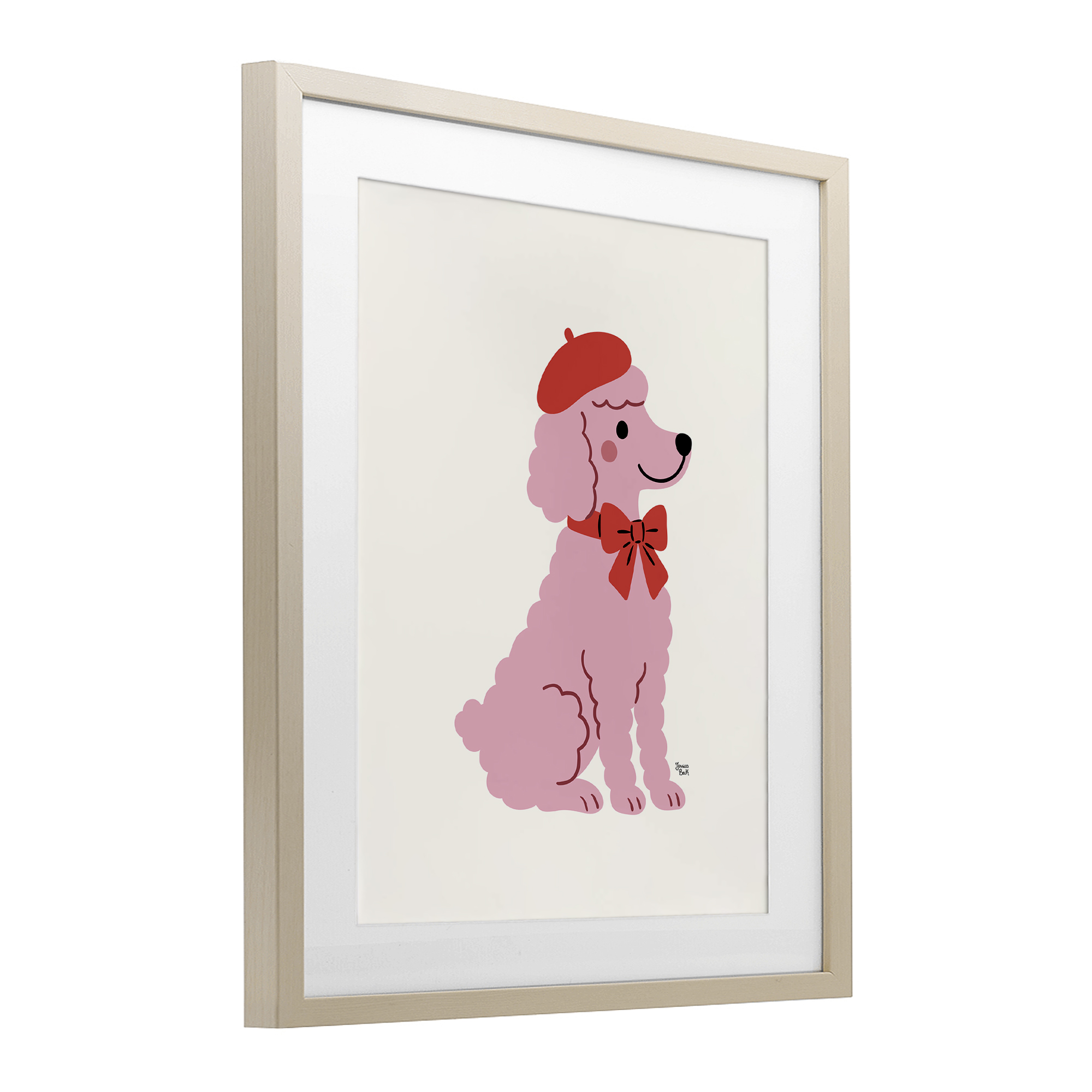 French Poodle in Beret Birch Framed Print Under Glass, design by Jessica Beck