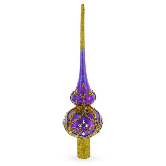 Regal Purple & Gold Jeweled Finial Glass Christmas Tree Topper 11 Inches