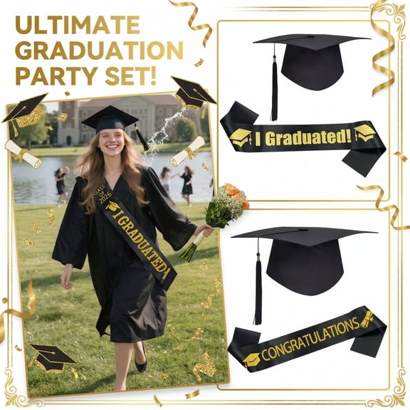 2Pcs Unisex Adult Graduation Cap and Sash Stole Set Class of 2026 Academic Apparel for Commencement Graduation Ceremony Supplies, Black