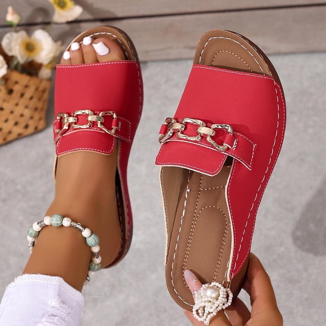 Fankiway Women's Gold Chain Slide Sandals Faux Leather Non-Slip Comfortable Open Toe Beach Slippers Summer Red 6